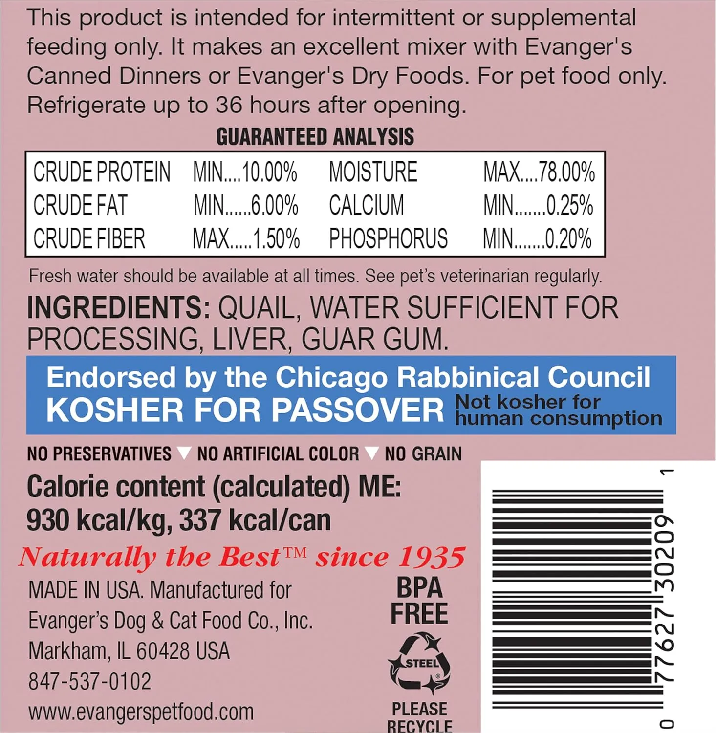 Evanger's Grain-Free Quail for Dogs & Cats