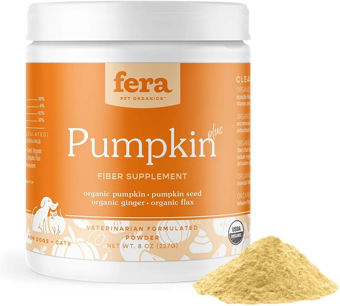 Fera Pet Organics Pumpkin Plus Fiber Supplement for Pets - Vet Created - Dog & Cat Regularity & Gut Function - Organic Pumpkin Seeds, Flax Seeds - 90 Scoops