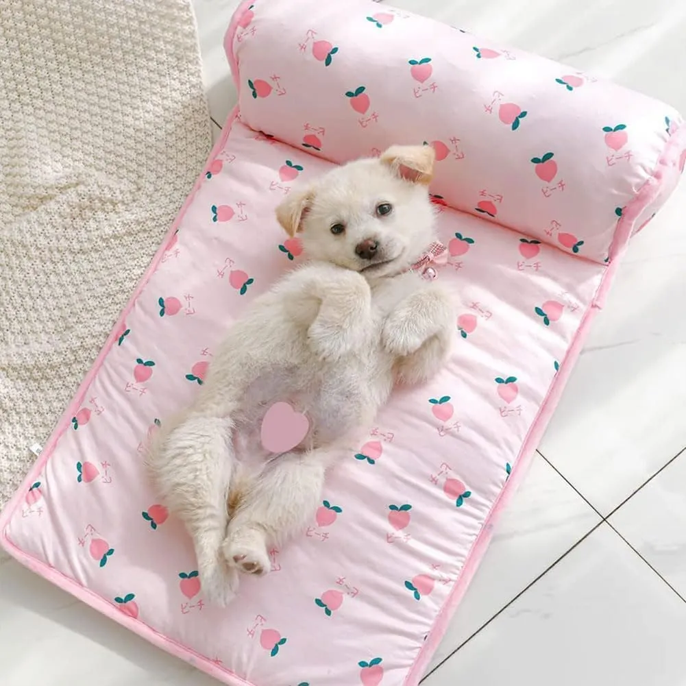 FETNHU Ice Silk Cooling Mat for Dogs & Cats, 2023 New Cats/Dogs Cooling Bed with Pillow, Cute Cooling Cat Dog Bed for Summer, Pet Cooling Mats for Dogs Cats Portable & Washable (A,M:60 * 40cm)