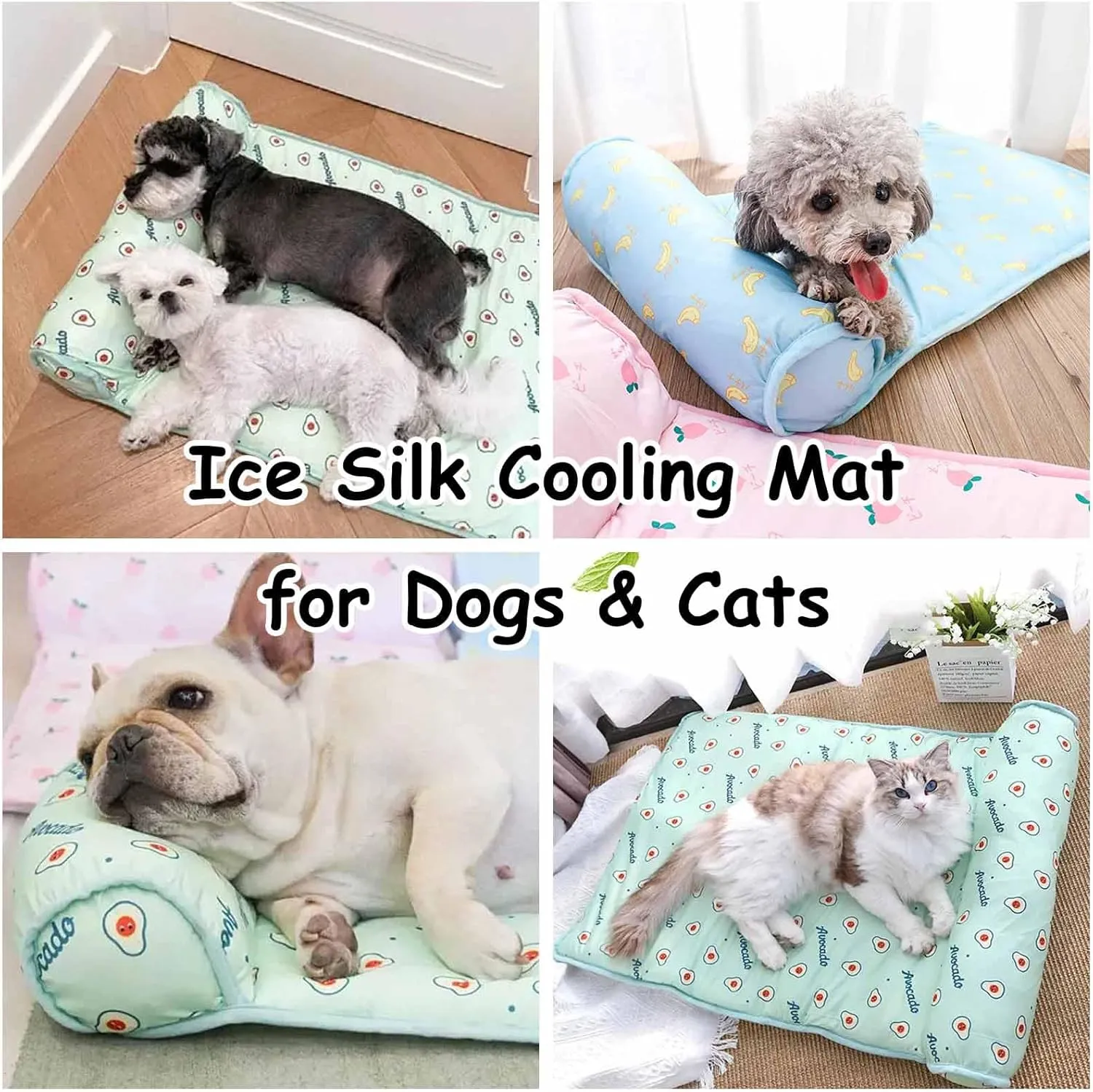 FETNHU Ice Silk Cooling Mat for Dogs & Cats, 2023 New Cats/Dogs Cooling Bed with Pillow, Cute Cooling Cat Dog Bed for Summer, Pet Cooling Mats for Dogs Cats Portable & Washable (A,M:60 * 40cm)