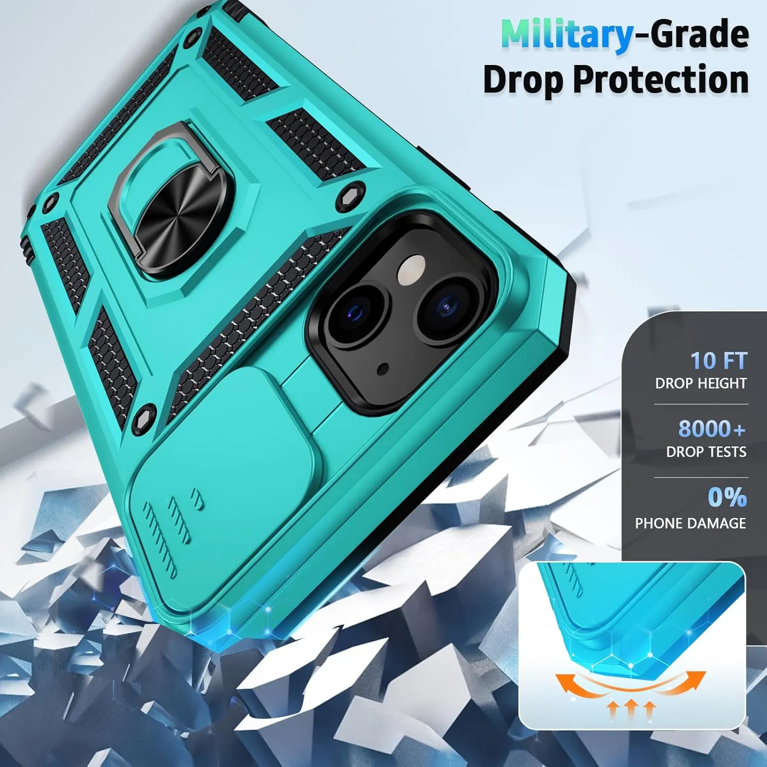 for iPhone 13 Mini Case with Camera Lens Cover, HD Screen Protector, 10 FT Military Grade Drop Protection, Magnetic Ring Holder Kickstand Protective Phone Case for iPhone 13 Mini,Ice Green