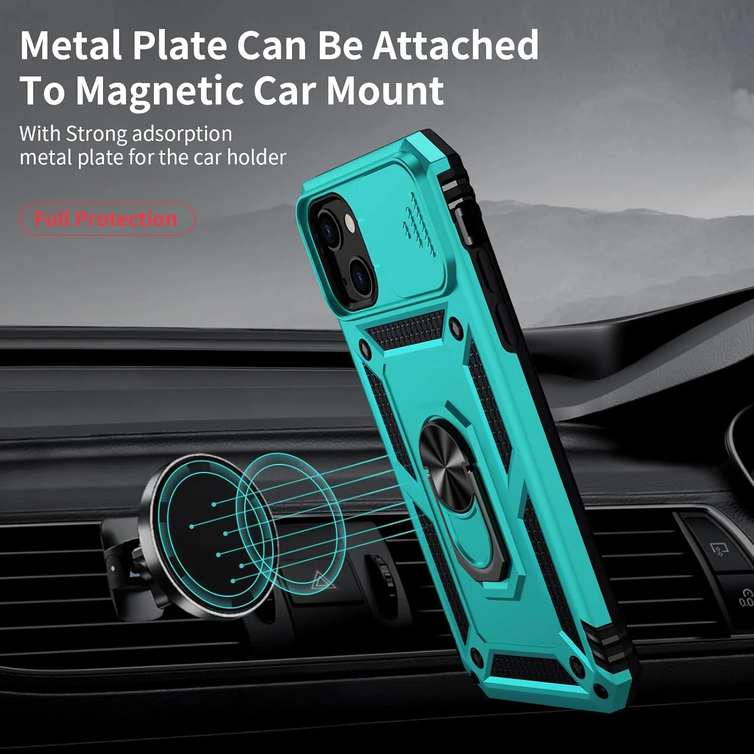 for iPhone 13 Mini Case with Camera Lens Cover, HD Screen Protector, 10 FT Military Grade Drop Protection, Magnetic Ring Holder Kickstand Protective Phone Case for iPhone 13 Mini,Ice Green