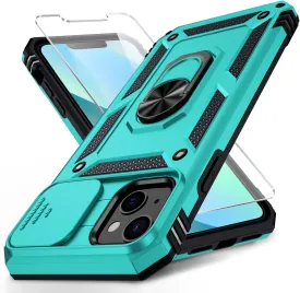 for iPhone 13 Mini Case with Camera Lens Cover, HD Screen Protector, 10 FT Military Grade Drop Protection, Magnetic Ring Holder Kickstand Protective Phone Case for iPhone 13 Mini,Ice Green