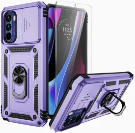 for Moto G 5G 2022 Case, Slide Camera Cover HD Screen Protector Military Grade Shockproof Ring Holder Kickstand Protective Case for Moto G 5G 2022 (Lavender)