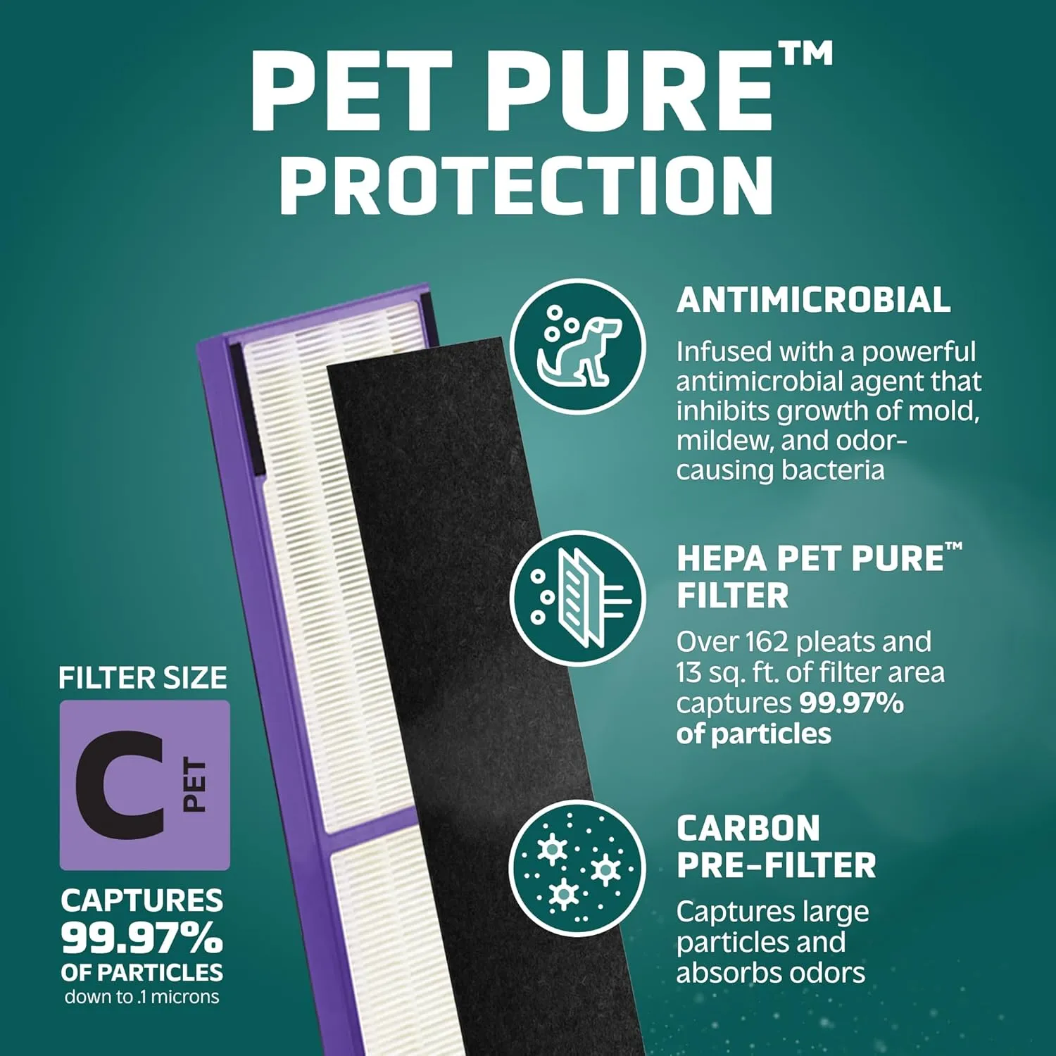 GermGuardian Filter C Pet Pure HEPA Genuine Air Purifier Replacement Filter, Removes 99.97% of Pollutants, for AC5000, AC5250, AC5300, AC5350, CDAP5500, AP2800, 2-Pack, Black/Purple, FLT5250PT2PK
