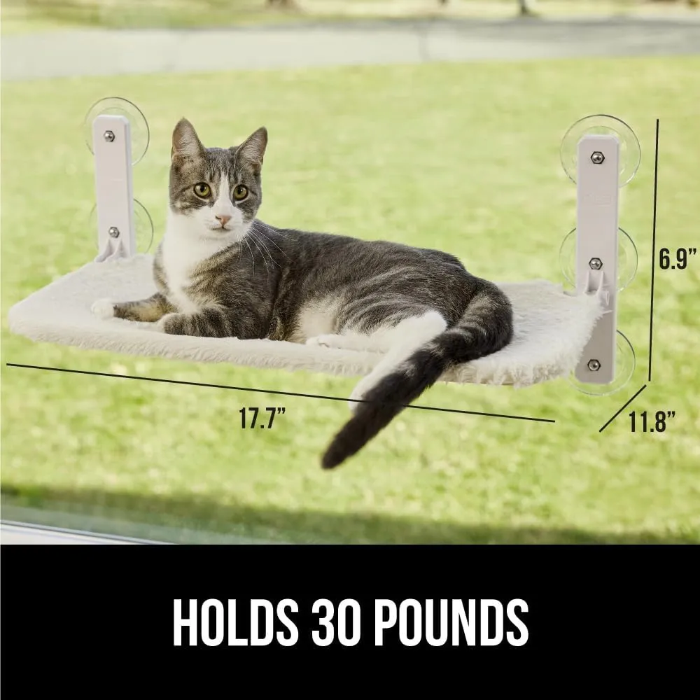 GORILLA GRIP Cat Window Perch, Sturdy Cat Hammock Bed Window Seat with 6 Large Suction Cups, Foldable Cordless Indoor Kitten Wall Shelves, Strong Metal Frame, Reversible Washable Cover, Small Beige