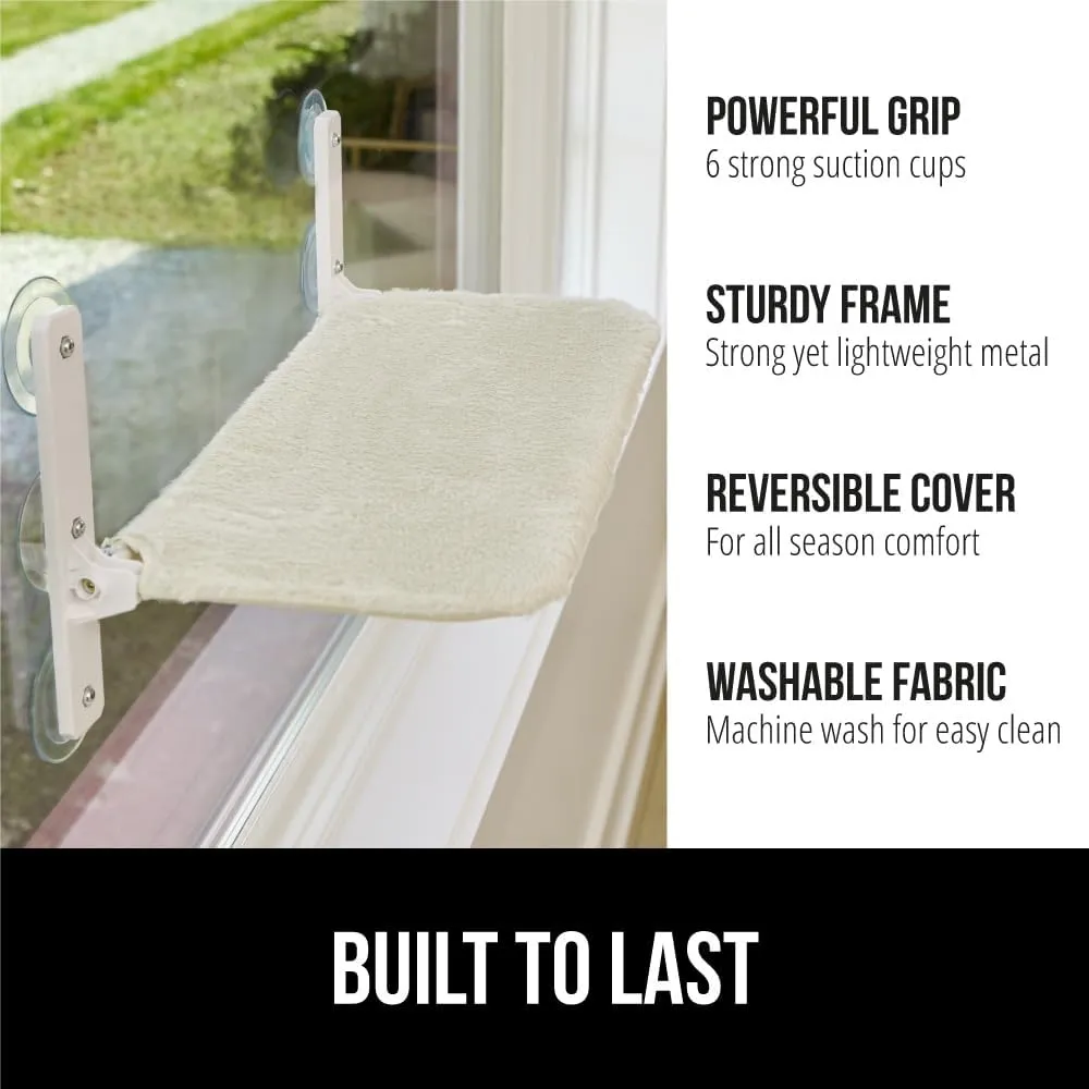 GORILLA GRIP Cat Window Perch, Sturdy Cat Hammock Bed Window Seat with 6 Large Suction Cups, Foldable Cordless Indoor Kitten Wall Shelves, Strong Metal Frame, Reversible Washable Cover, Small Beige