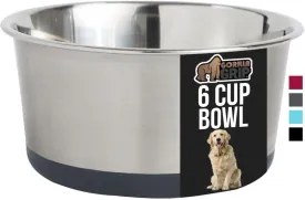 GORILLA GRIP Stainless Steel Metal Dog Bowl, Rubber Base, Heavy Duty Feeding Dish, Food Grade BPA Free, Less Sliding, Quiet Pet Bowl for Cats and Dogs, Holds 6 Cups (48 fl oz), Gray