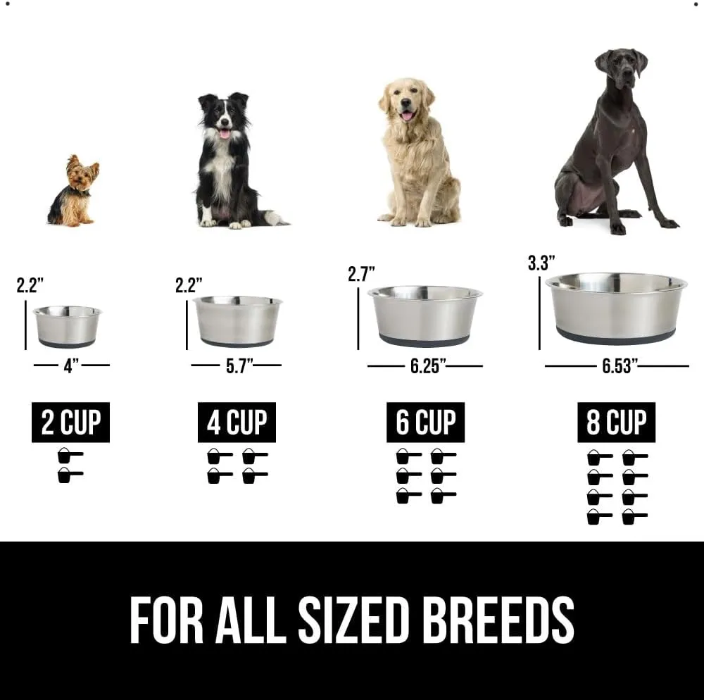 GORILLA GRIP Stainless Steel Metal Dog Bowl, Rubber Base, Heavy Duty Feeding Dish, Food Grade BPA Free, Less Sliding, Quiet Pet Bowl for Cats and Dogs, Holds 6 Cups (48 fl oz), Gray