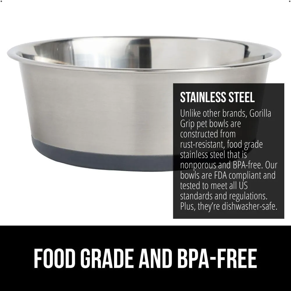 GORILLA GRIP Stainless Steel Metal Dog Bowl, Rubber Base, Heavy Duty Feeding Dish, Food Grade BPA Free, Less Sliding, Quiet Pet Bowl for Cats and Dogs, Holds 6 Cups (48 fl oz), Gray