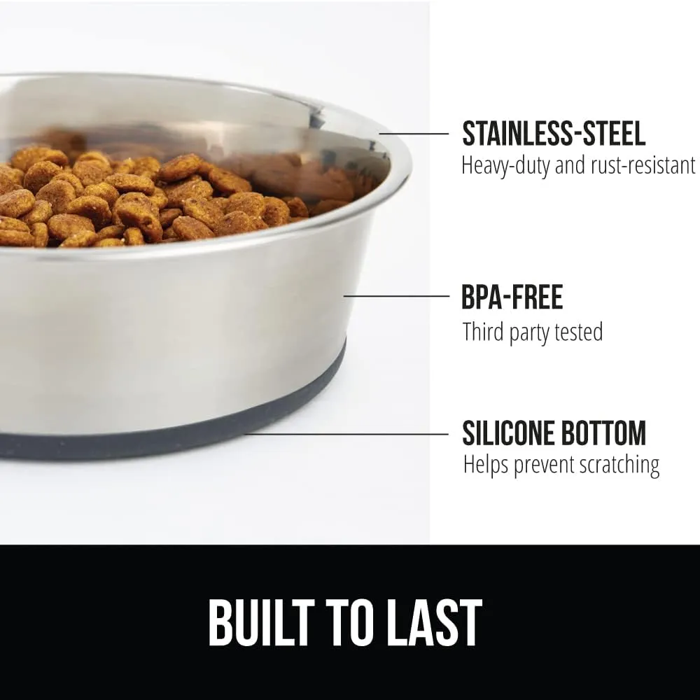 GORILLA GRIP Stainless Steel Metal Dog Bowl, Rubber Base, Heavy Duty Feeding Dish, Food Grade BPA Free, Less Sliding, Quiet Pet Bowl for Cats and Dogs, Holds 6 Cups (48 fl oz), Gray