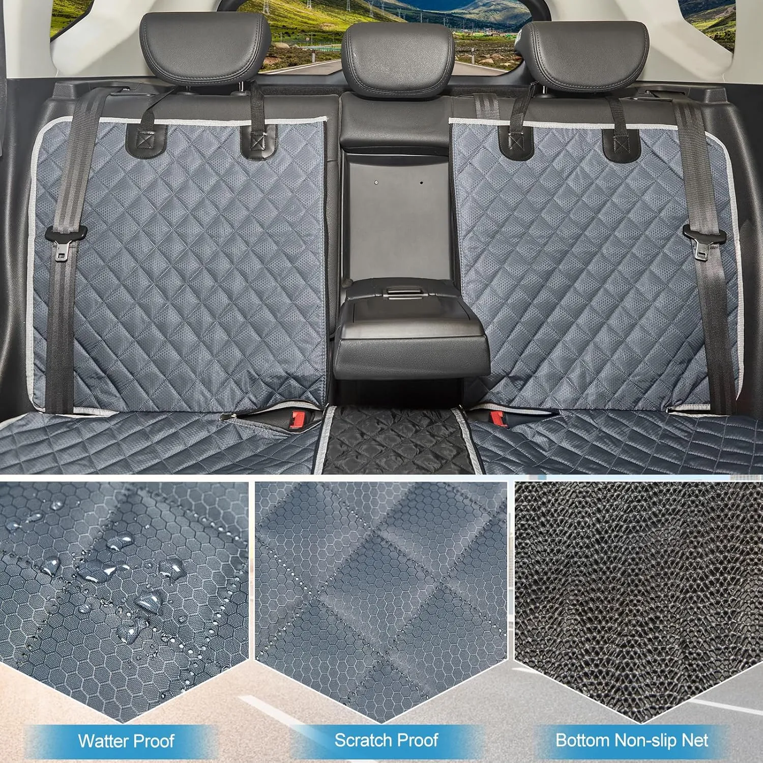 Grey Dog Car Seat Cover for Back Seat,Non-Stick Fur,Pet-Friendly and Waterproof - Universal Fit Interior Protector for Auto, Van, SUV - Ideal for Kids and Pets