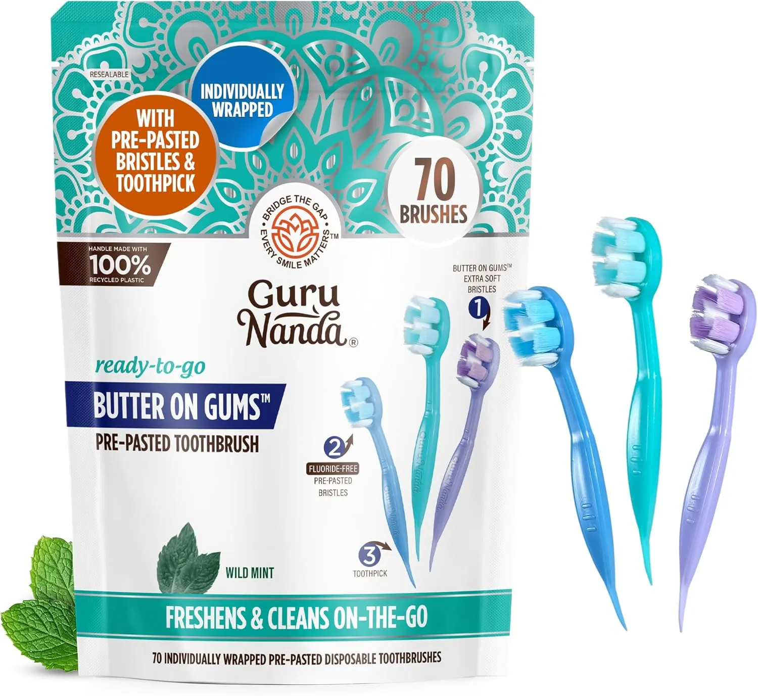 GuruNanda Ready-to-Go Disposable Mini Travel Toothbrushes - Butter on Gums Softex Bristles, Pre-Pasted Toothbrush & Toothpick - Fluoride-Free, No Rinsing Needed, 70 Ct