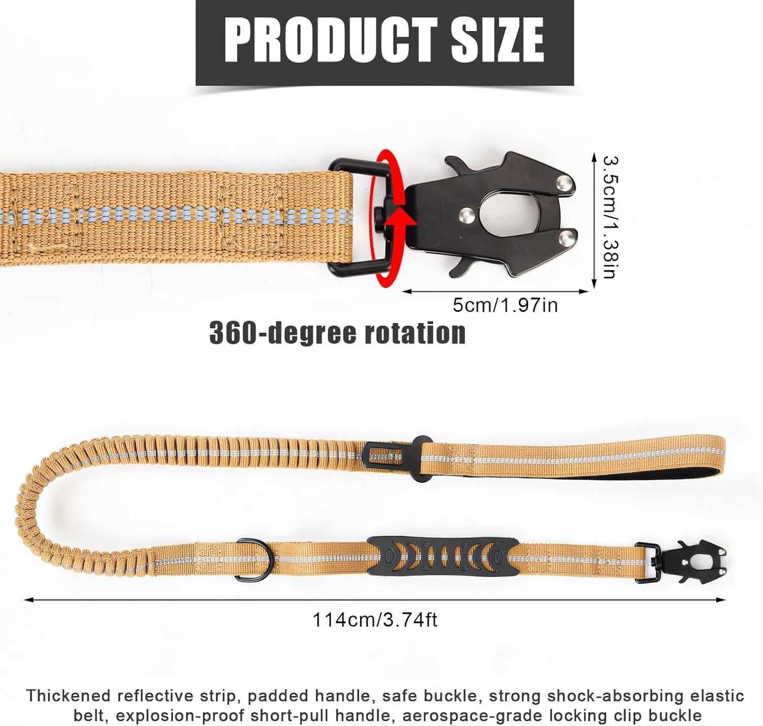 Heavy Duty Bungee Dog Leash, 3.74ft Elastic Shock Absorbing Dog Leash with Carabiner Clip and Padded Handle Reflective No Pull with Car Seatbelt for Various Walking (Khaki)
