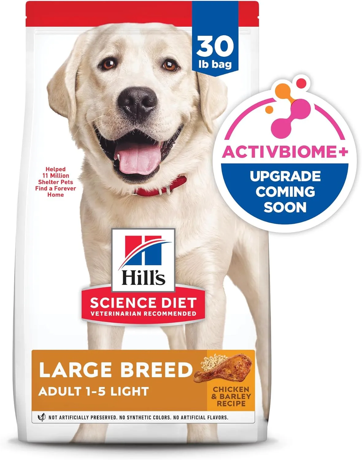 Hill's Science Diet Light, Adult 1-5, Large Breed Weight Management Support, Dry Dog Food, Chicken & Barley, 30 lb Bag