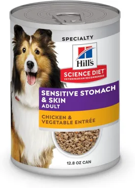 Hill's Science Diet Sensitive Stomach & Skin, Adult 1-6, Stomach & Skin Sensitivity Support, Wet Dog Food, Chicken & Vegetables Loaf, 12.8 oz Can, Case of 12