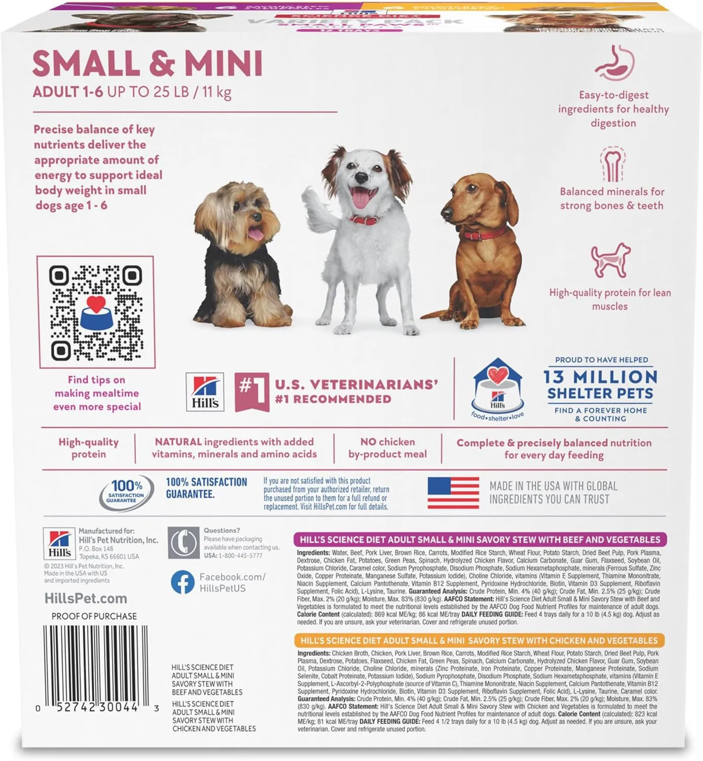 Hill's Science Diet Small & Mini, Adult 1-6, Small Breeds Premium Nutrition, Wet Dog Food, Variety Case: Chicken & Vegetables; Salmon & Vegetables Stew, 12 x 3.5 oz Tray