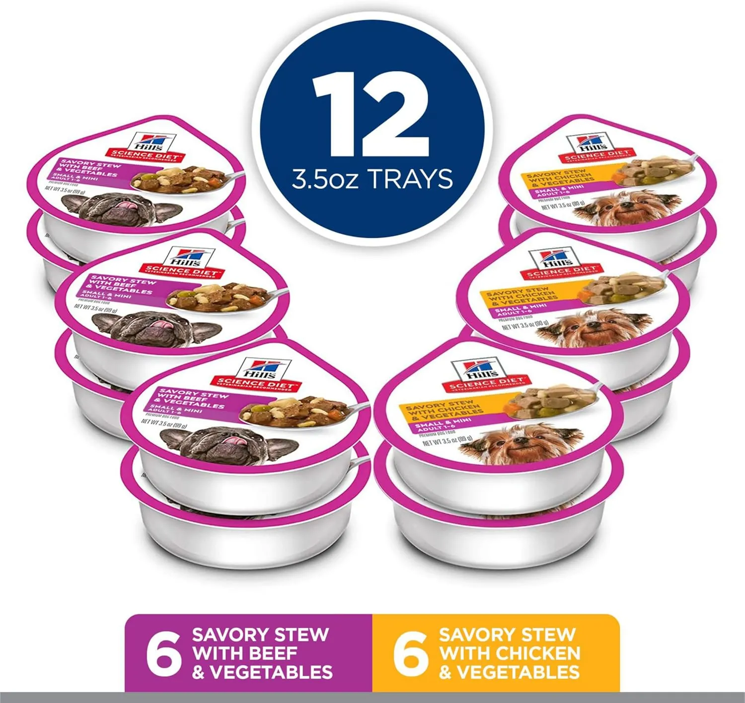 Hill's Science Diet Small & Mini, Adult 1-6, Small Breeds Premium Nutrition, Wet Dog Food, Variety Case: Chicken & Vegetables; Salmon & Vegetables Stew, 12 x 3.5 oz Tray