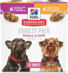 Hill's Science Diet Small & Mini, Adult 1-6, Small Breeds Premium Nutrition, Wet Dog Food, Variety Case: Chicken & Vegetables; Salmon & Vegetables Stew, 12 x 3.5 oz Tray