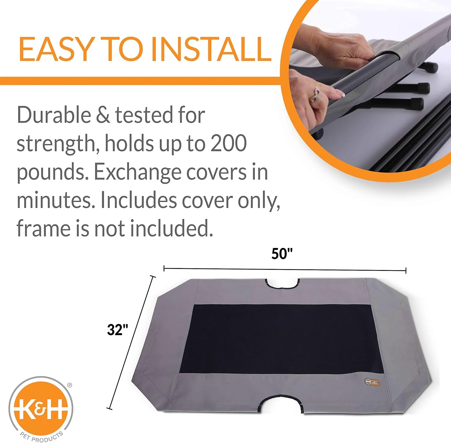 K&H Pet Products Dog Cot Replacement Cover, Designed to fit K&H XL Pet Cots (Sold Separately), Indoor Outdoor, Breathable Cooling Mesh Center, Machine Washable - Extra-Large 50 X 32in Gray