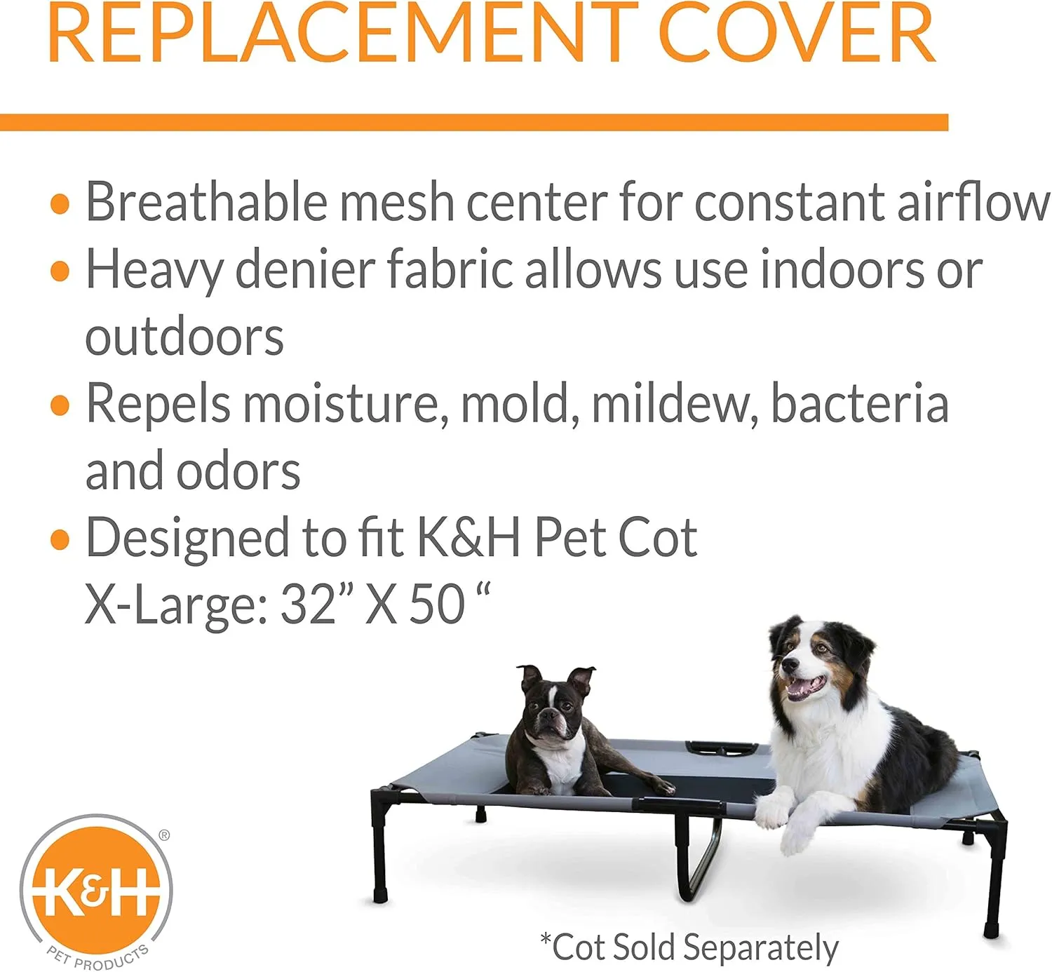 K&H Pet Products Dog Cot Replacement Cover, Designed to fit K&H XL Pet Cots (Sold Separately), Indoor Outdoor, Breathable Cooling Mesh Center, Machine Washable - Extra-Large 50 X 32in Gray