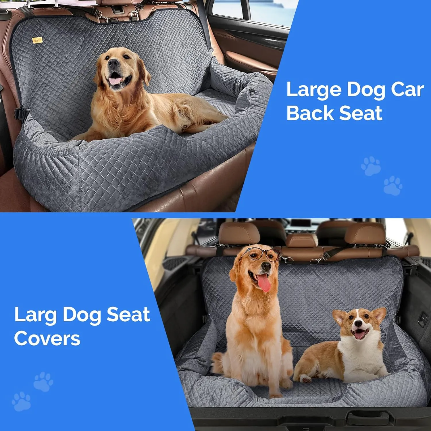 Large Dog Car Back Seat for 100lbs Dogs Pet Bed Car Seat Fully Detachable Washable Travel Safety with Storage Pocket Grey