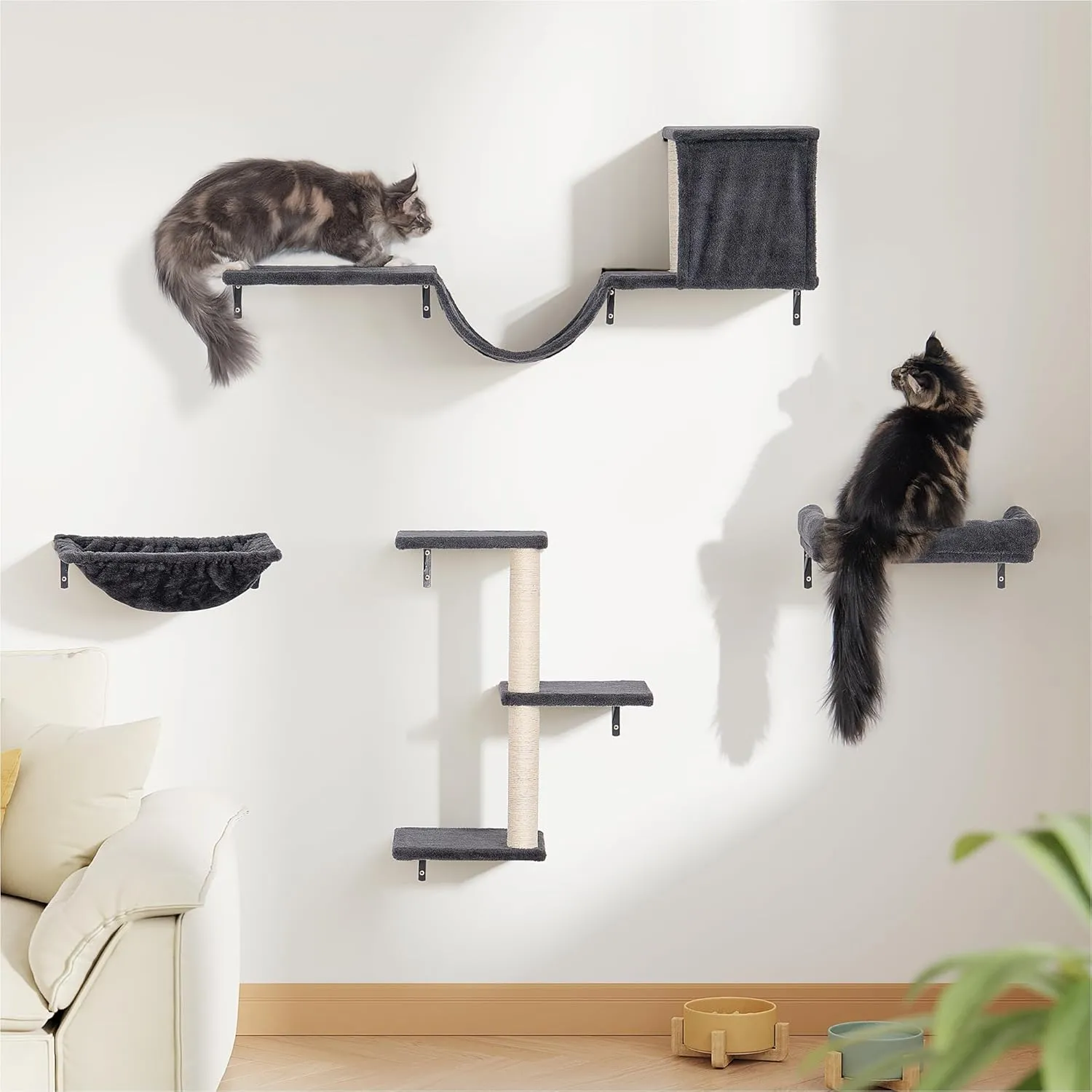 Large Wall Cat Shelves with Big Hammock for Adult Cats, 17in Perch, Cat Furniture Set for Indoor Active Pet Kitten, Scratch Post Tree, Drak Gray