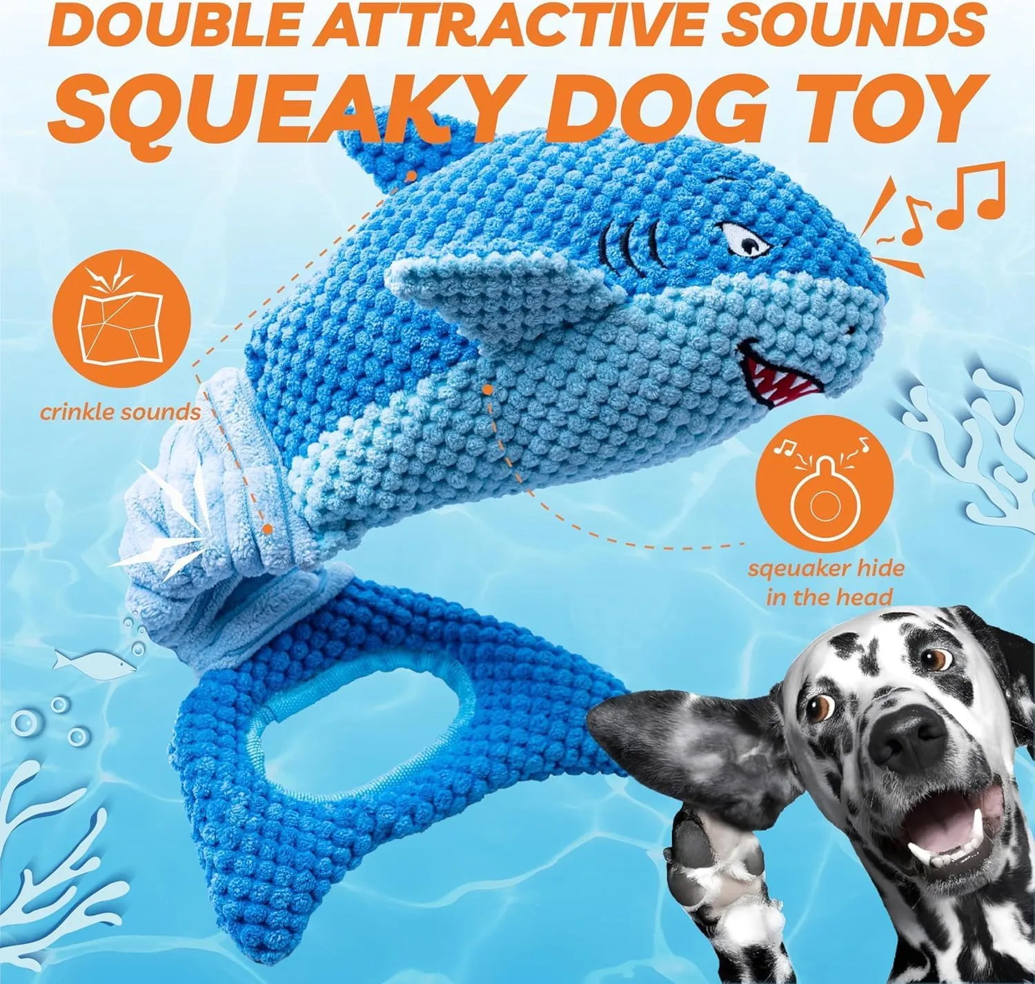 LEGEND SANDY Dog Toys for Aggressive Chewers, Large Dog Toys to Keep Them Busy, Interactive Squeaky Pet Toys, Tug of War, Crinkle Blue Shark