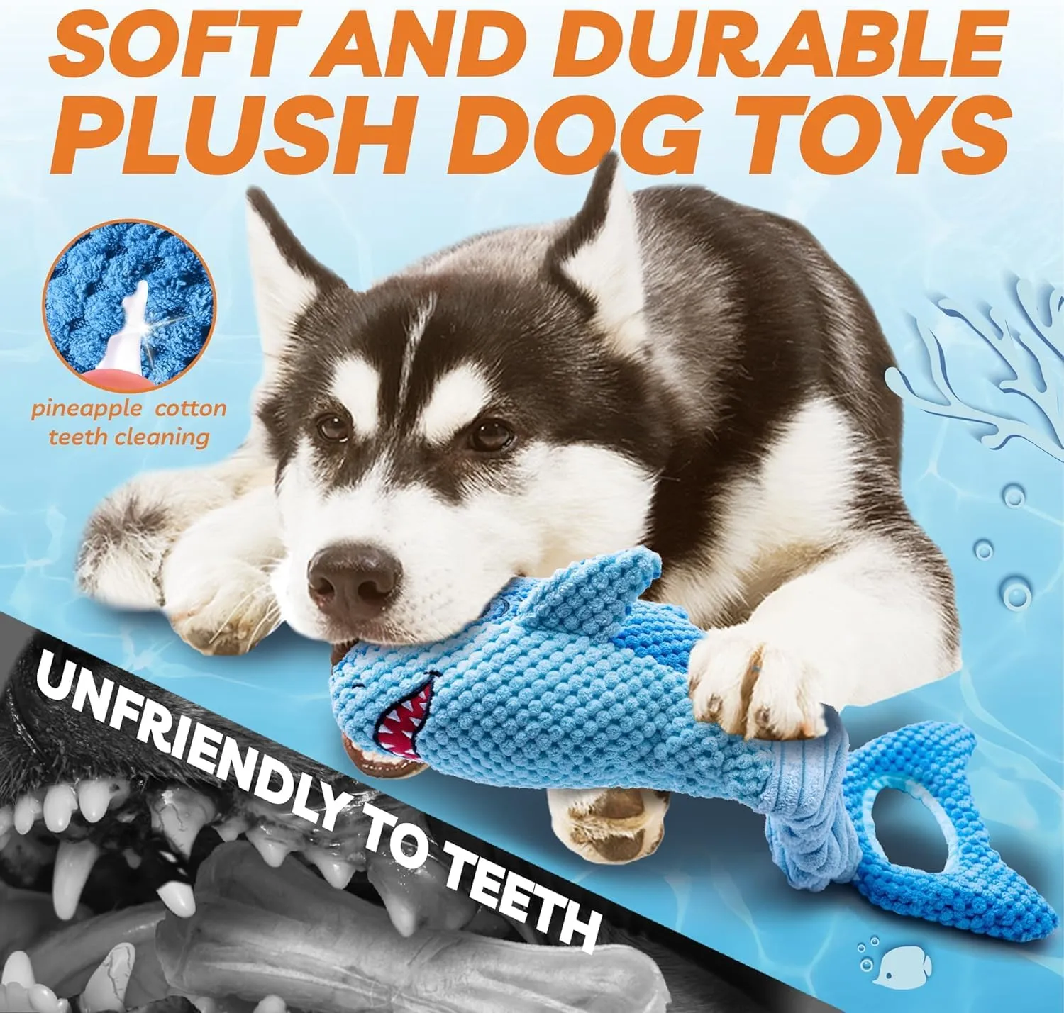LEGEND SANDY Dog Toys for Aggressive Chewers, Large Dog Toys to Keep Them Busy, Interactive Squeaky Pet Toys, Tug of War, Crinkle Blue Shark