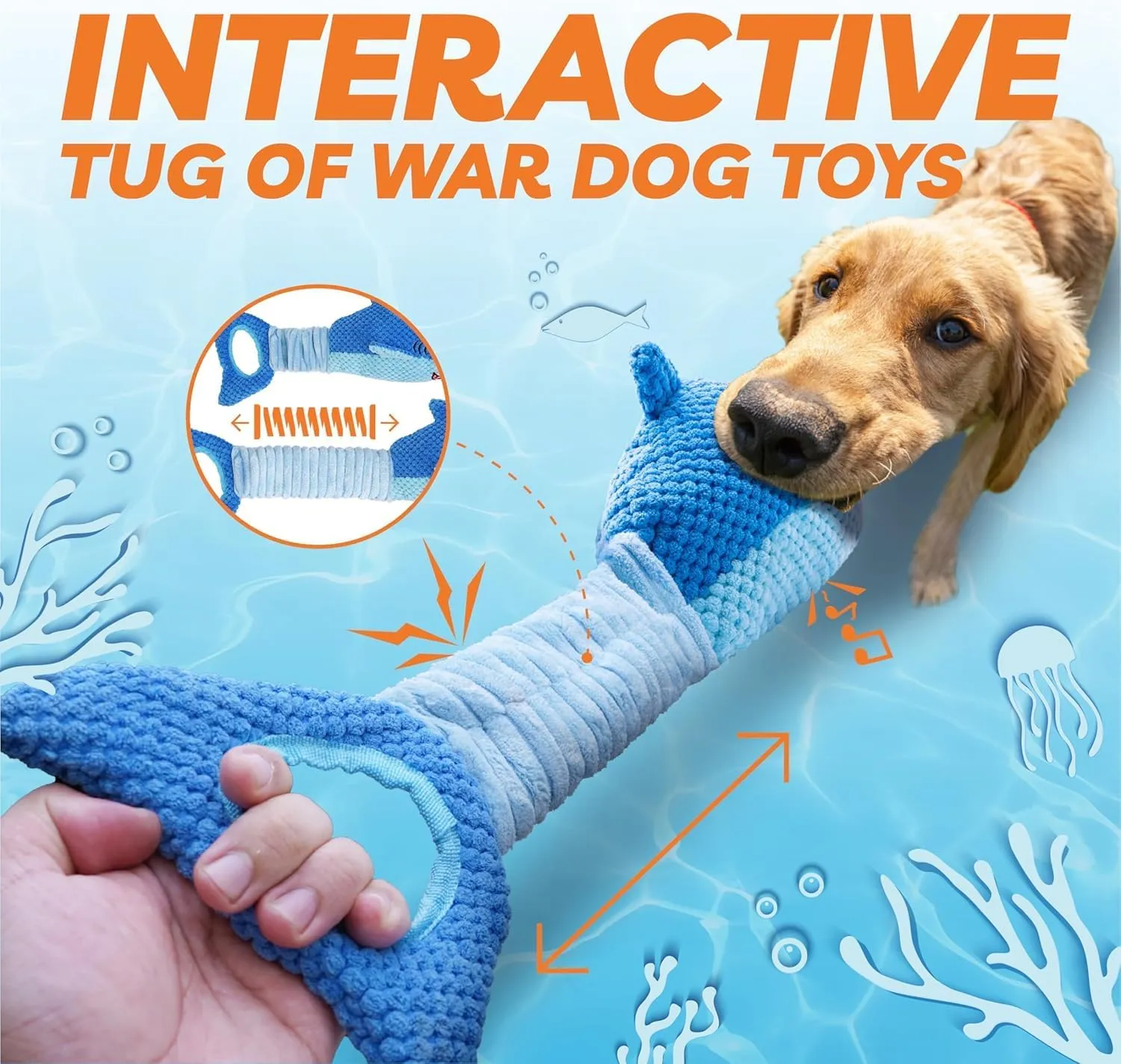 LEGEND SANDY Dog Toys for Aggressive Chewers, Large Dog Toys to Keep Them Busy, Interactive Squeaky Pet Toys, Tug of War, Crinkle Blue Shark