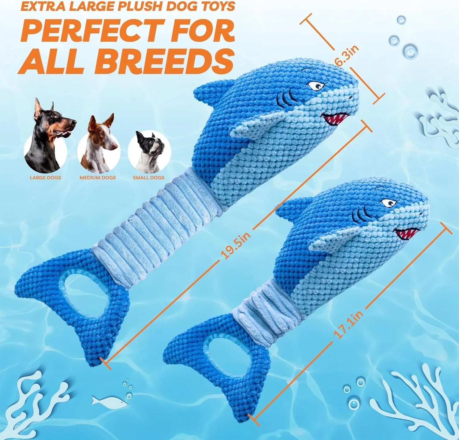 LEGEND SANDY Dog Toys for Aggressive Chewers, Large Dog Toys to Keep Them Busy, Interactive Squeaky Pet Toys, Tug of War, Crinkle Blue Shark