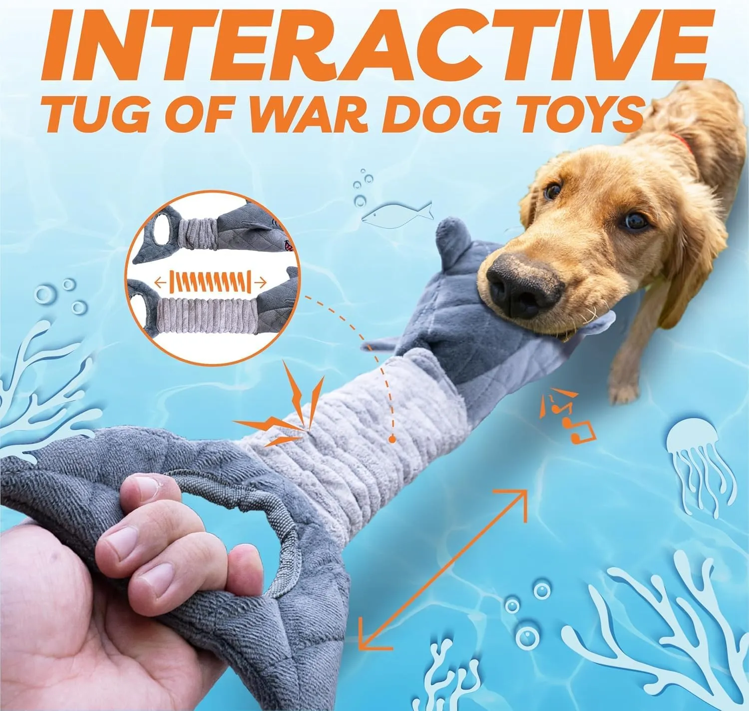 LEGEND SANDY Dog Toys for Aggressive Chewers, Large Dog Toys to Keep Them Busy, Interactive Squeaky Pet Toys, Tug of War, Crinkle Grey Shark
