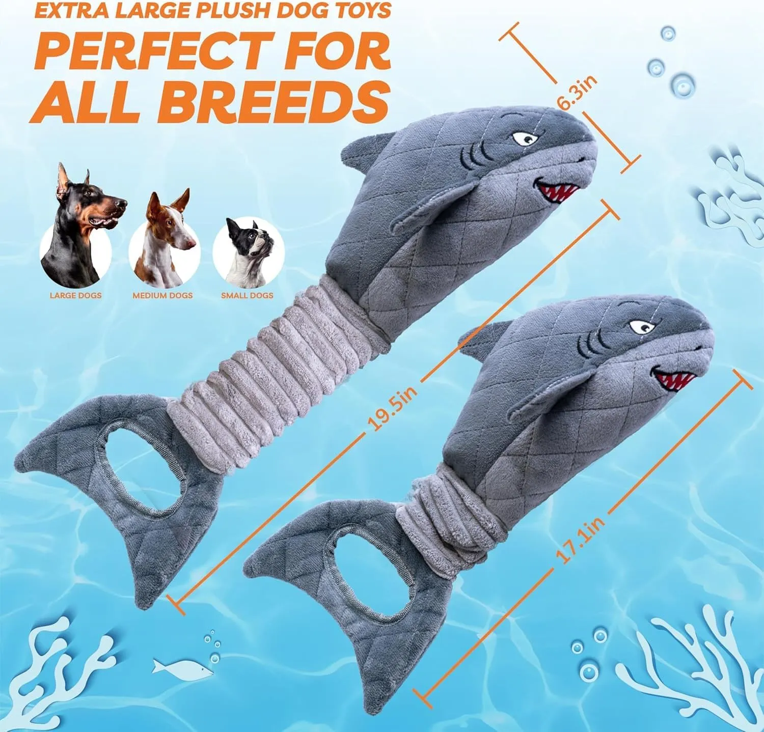 LEGEND SANDY Dog Toys for Aggressive Chewers, Large Dog Toys to Keep Them Busy, Interactive Squeaky Pet Toys, Tug of War, Crinkle Grey Shark