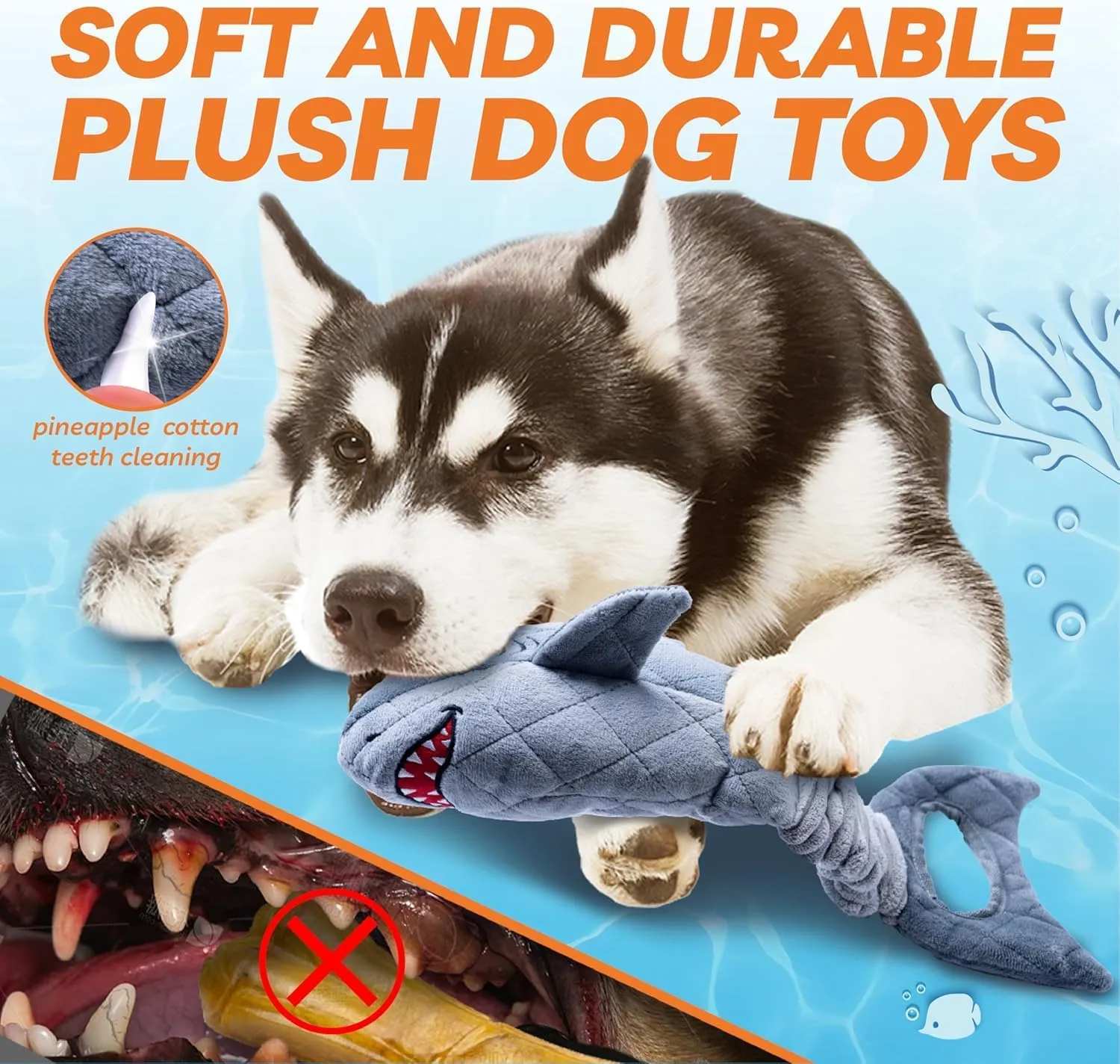 LEGEND SANDY Dog Toys for Aggressive Chewers, Large Dog Toys to Keep Them Busy, Interactive Squeaky Pet Toys, Tug of War, Crinkle Grey Shark