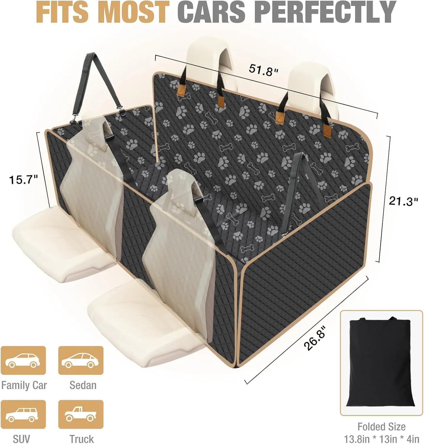 Lekereise Dog Car Seat Cover for Back Seat,Hard Bottom Dog Hammock for Car,Camping Air Mattress, Hammock Travel Bed for Car SUV Truck (Black Print)