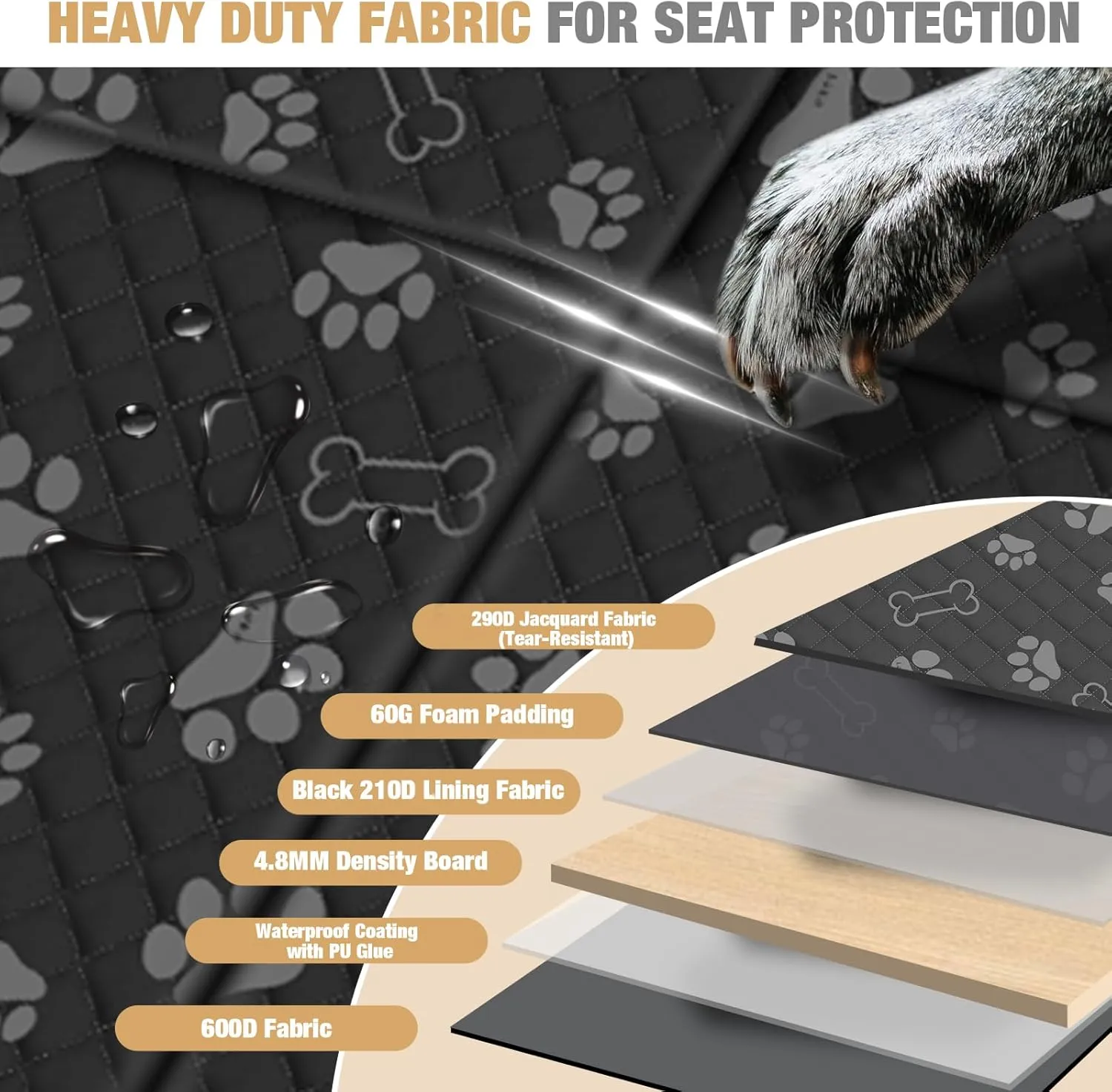 Lekereise Dog Car Seat Cover for Back Seat,Hard Bottom Dog Hammock for Car,Camping Air Mattress, Hammock Travel Bed for Car SUV Truck (Black Print)