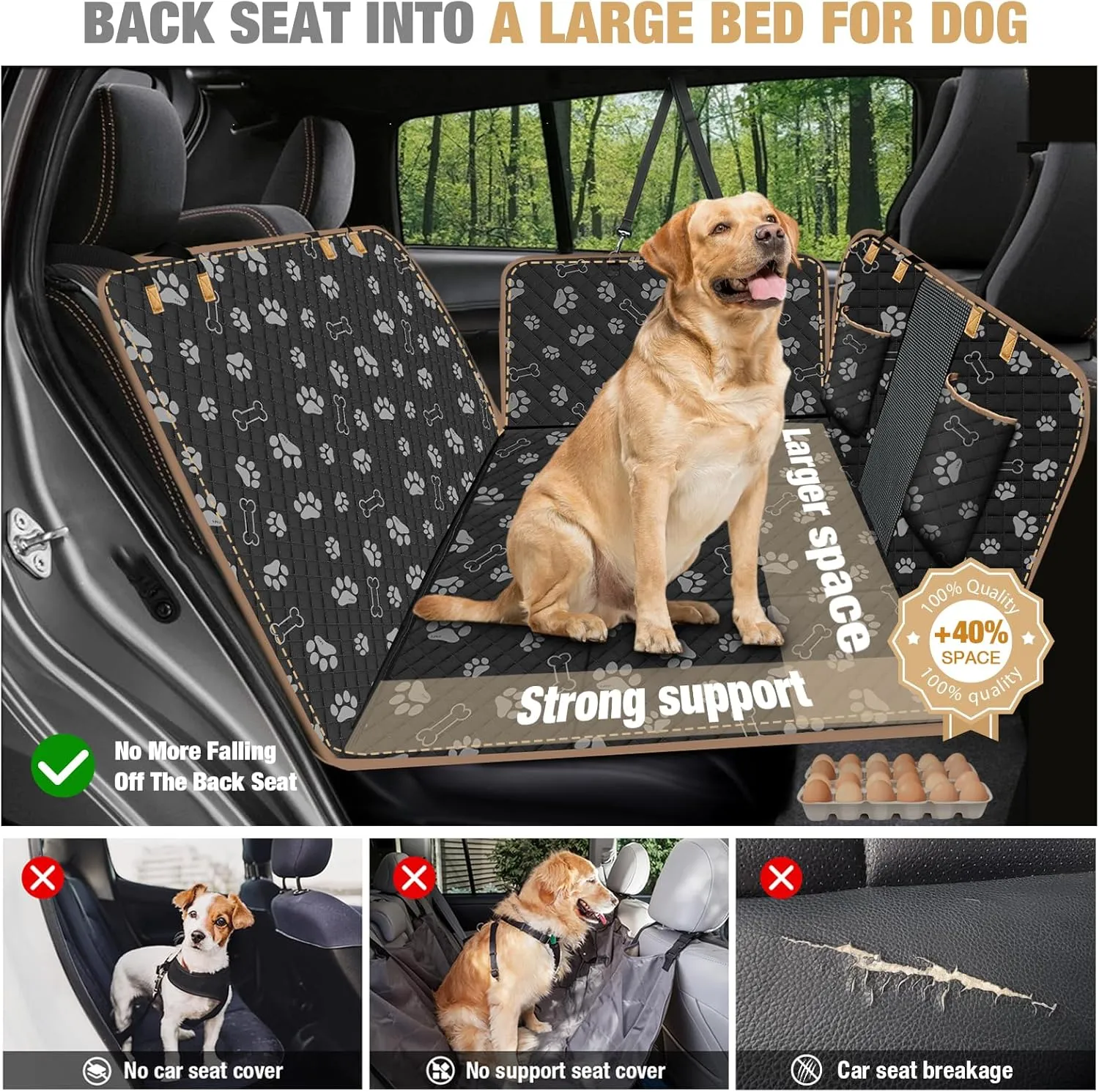 Lekereise Dog Car Seat Cover for Back Seat,Hard Bottom Dog Hammock for Car,Camping Air Mattress, Hammock Travel Bed for Car SUV Truck (Black Print)