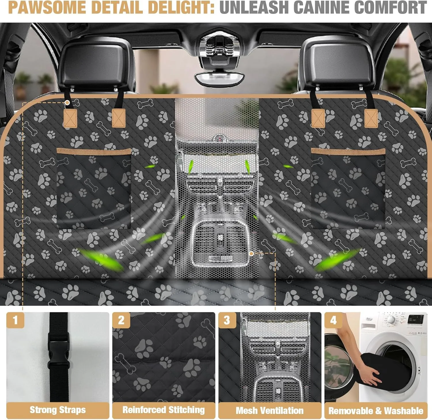 Lekereise Dog Car Seat Cover for Back Seat,Hard Bottom Dog Hammock for Car,Camping Air Mattress, Hammock Travel Bed for Car SUV Truck (Black Print)