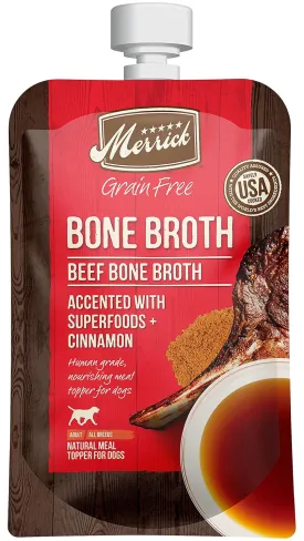 Merrick Grain Free Bone Broth, Premium Human Grade And Gluten Free Dog And Cat Food Topper Pouches, Beef - 7 oz. Pouch