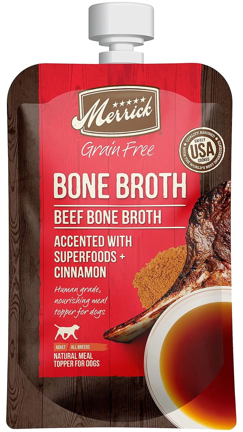 Merrick Grain Free Bone Broth, Premium Human Grade And Gluten Free Dog And Cat Food Topper Pouches, Beef - 7 oz. Pouch