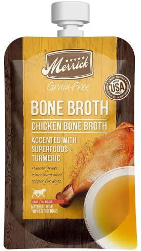 Merrick Grain Free Bone Broth, Premium Human Grade And Gluten Free Dog And Cat Food Topper Pouches, Chicken - 7 oz. Pouch