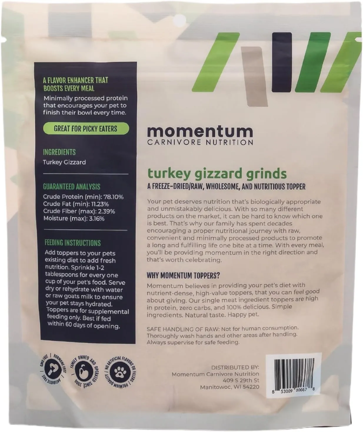 Momentum Carnivore Nutrition Freeze-Dried Turkey Gizzard Pet Food Topper  Single-Ingredient, All-Natural Topper  High-Protein for Dogs and Cats, Grain-Free and Made in The USA (3.75 oz Bag)