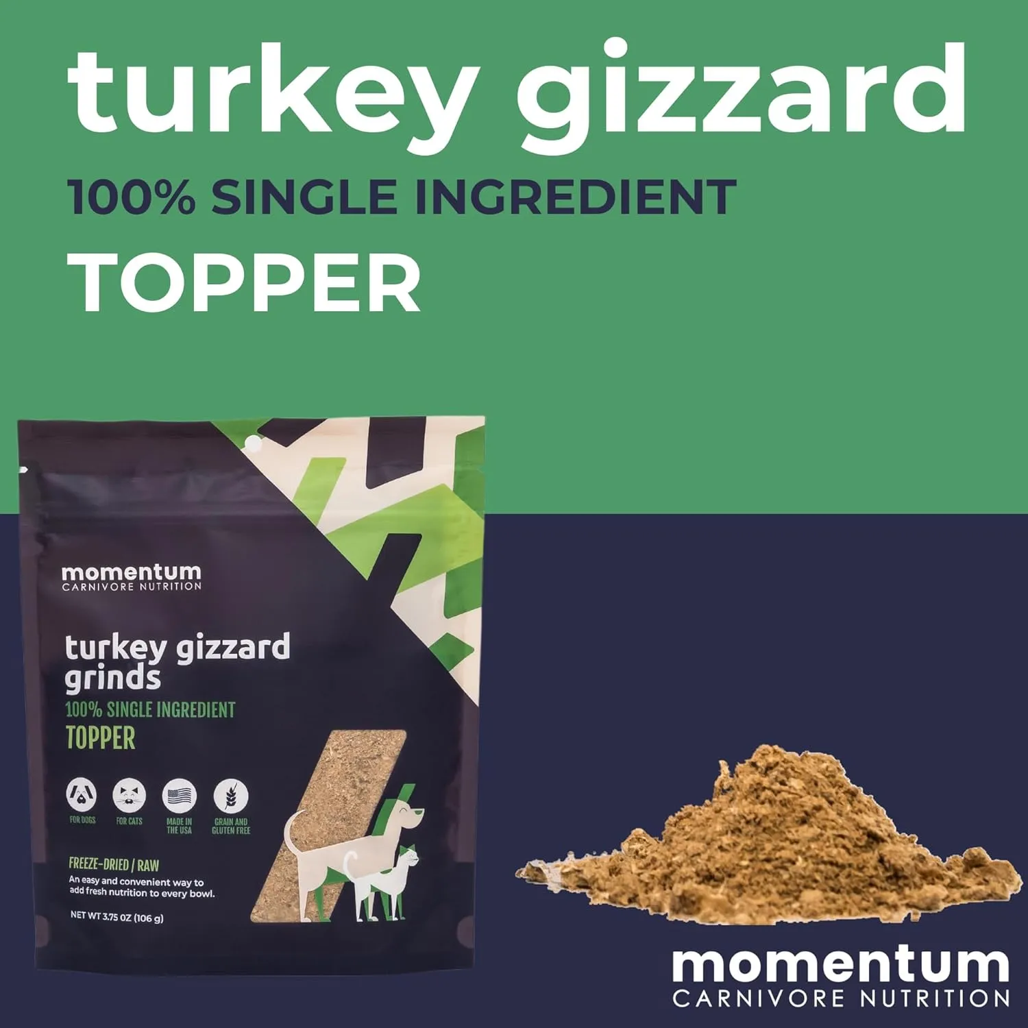 Momentum Carnivore Nutrition Freeze-Dried Turkey Gizzard Pet Food Topper  Single-Ingredient, All-Natural Topper  High-Protein for Dogs and Cats, Grain-Free and Made in The USA (3.75 oz Bag)