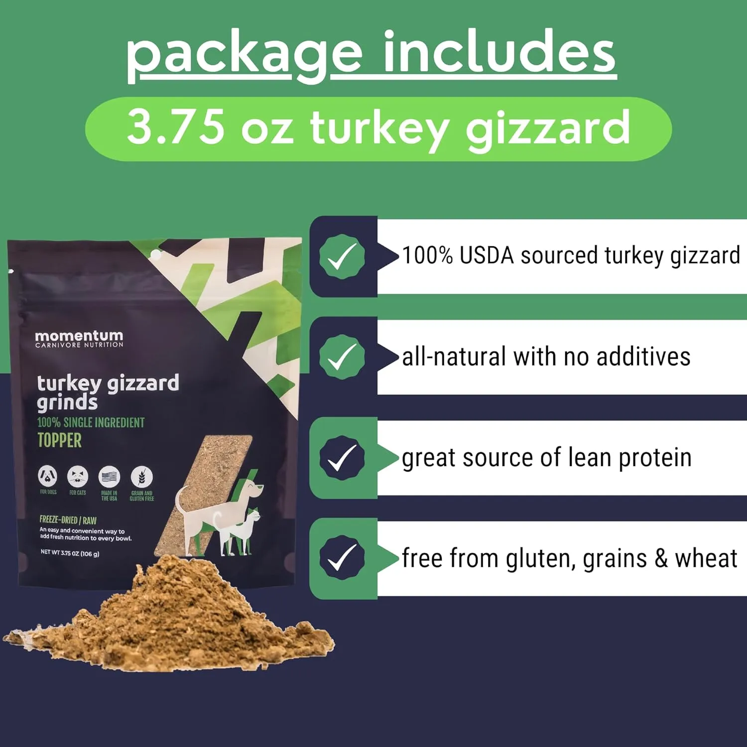 Momentum Carnivore Nutrition Freeze-Dried Turkey Gizzard Pet Food Topper  Single-Ingredient, All-Natural Topper  High-Protein for Dogs and Cats, Grain-Free and Made in The USA (3.75 oz Bag)