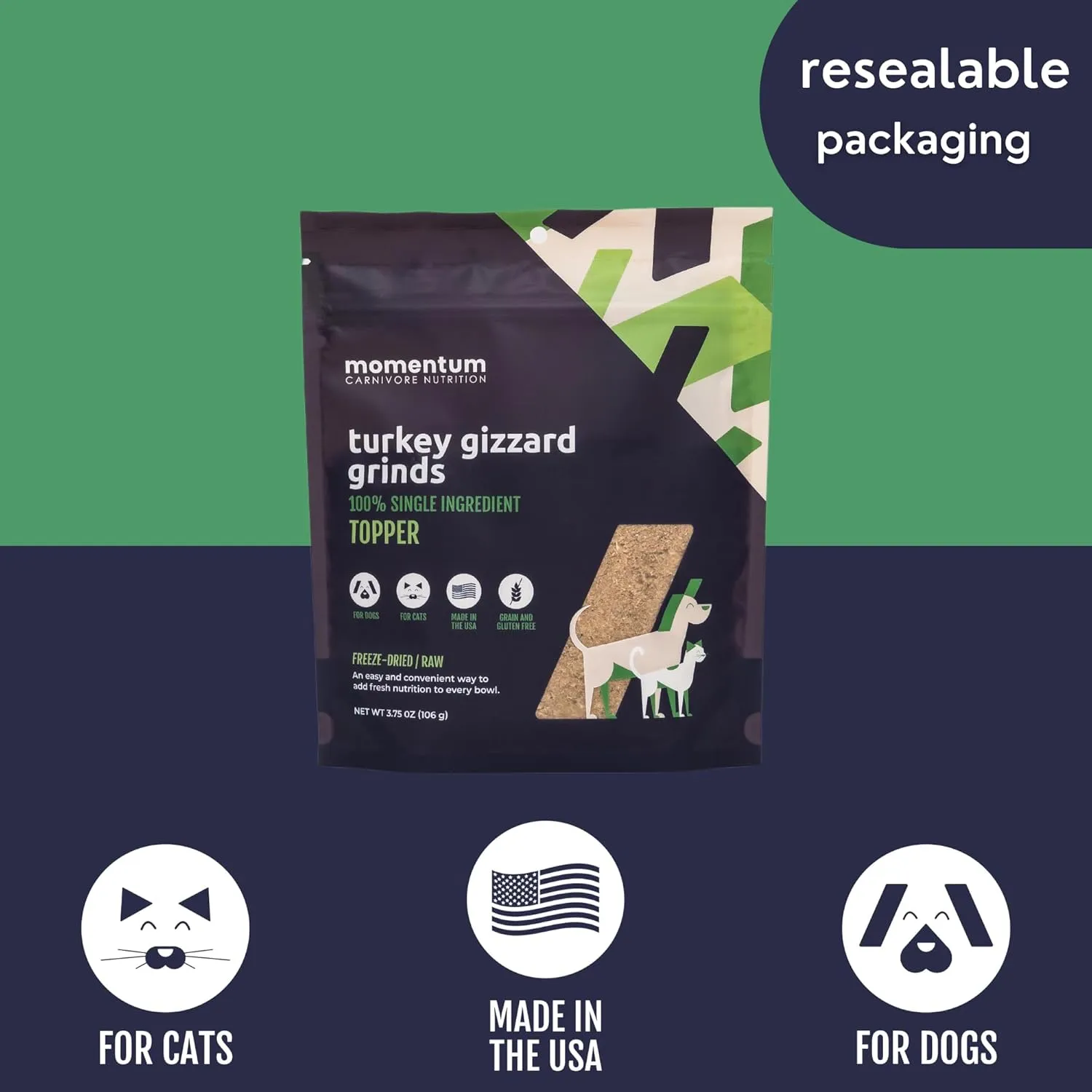 Momentum Carnivore Nutrition Freeze-Dried Turkey Gizzard Pet Food Topper  Single-Ingredient, All-Natural Topper  High-Protein for Dogs and Cats, Grain-Free and Made in The USA (3.75 oz Bag)