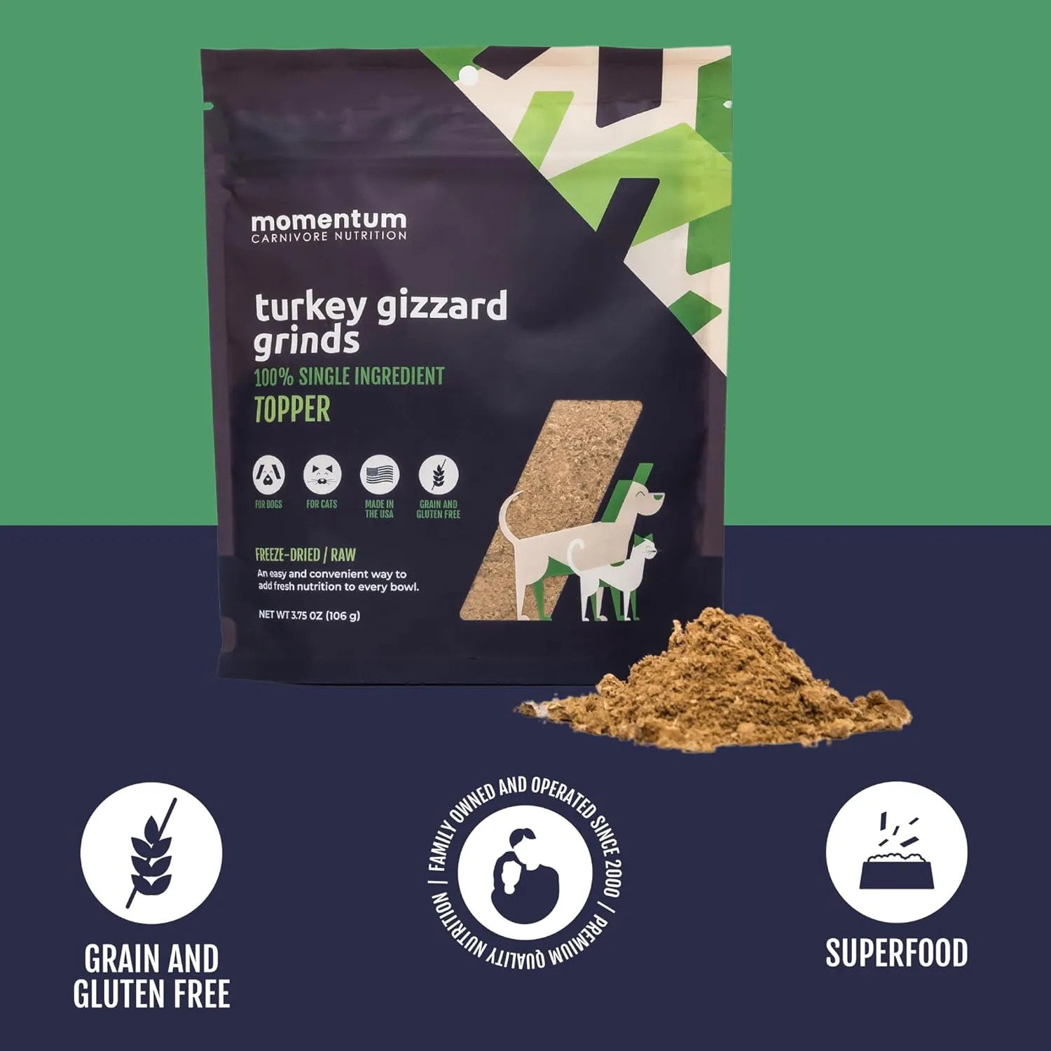 Momentum Carnivore Nutrition Freeze-Dried Turkey Gizzard Pet Food Topper  Single-Ingredient, All-Natural Topper  High-Protein for Dogs and Cats, Grain-Free and Made in The USA (3.75 oz Bag)