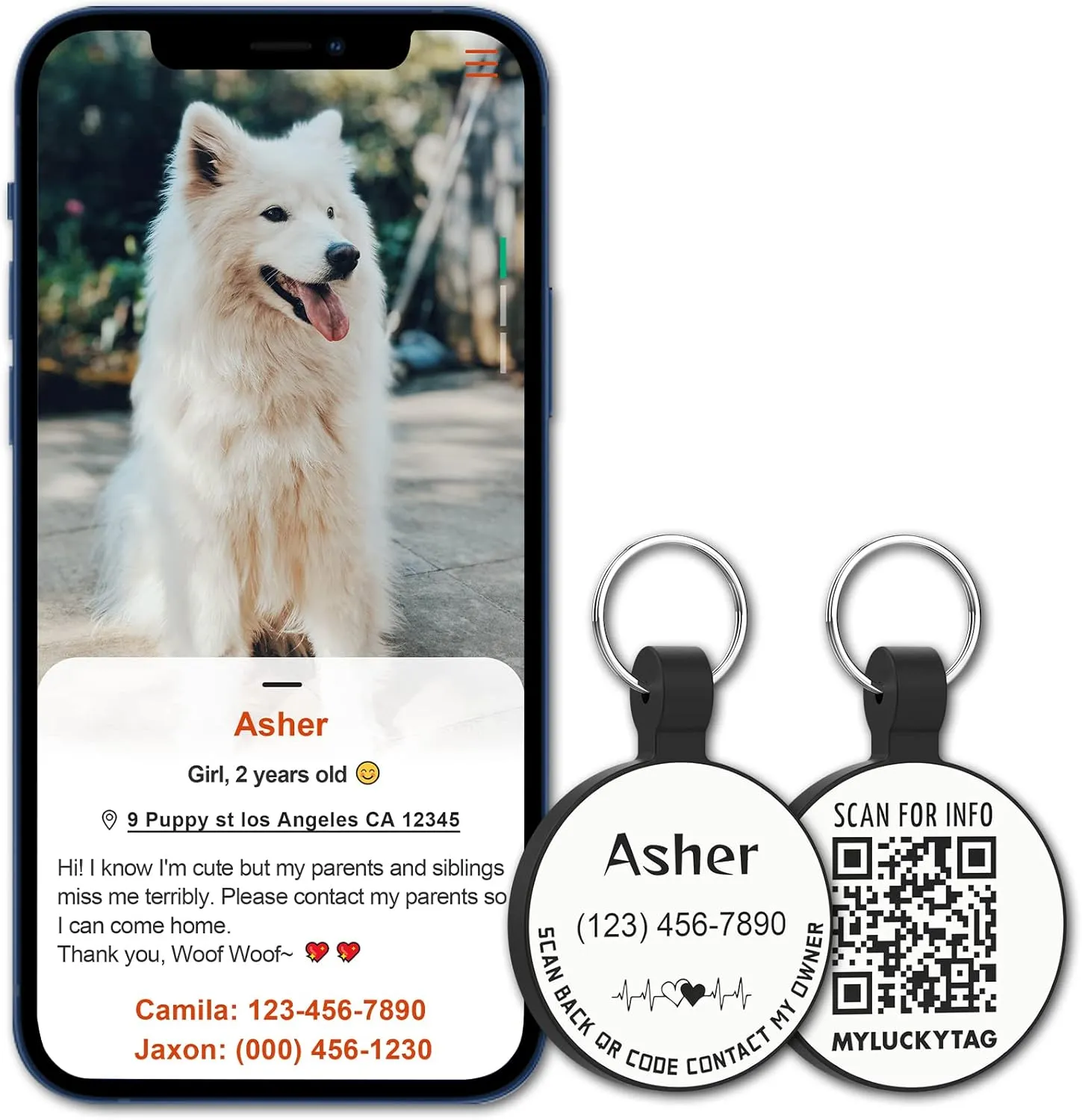 MYLUCKYTAG Personalized Pet ID Tags Dog Tags - Silent Silicone QR Code ID Tags - Pet Online Profile - Send Pet Location Alert Email When Scanning, Custom Text Pro,white
