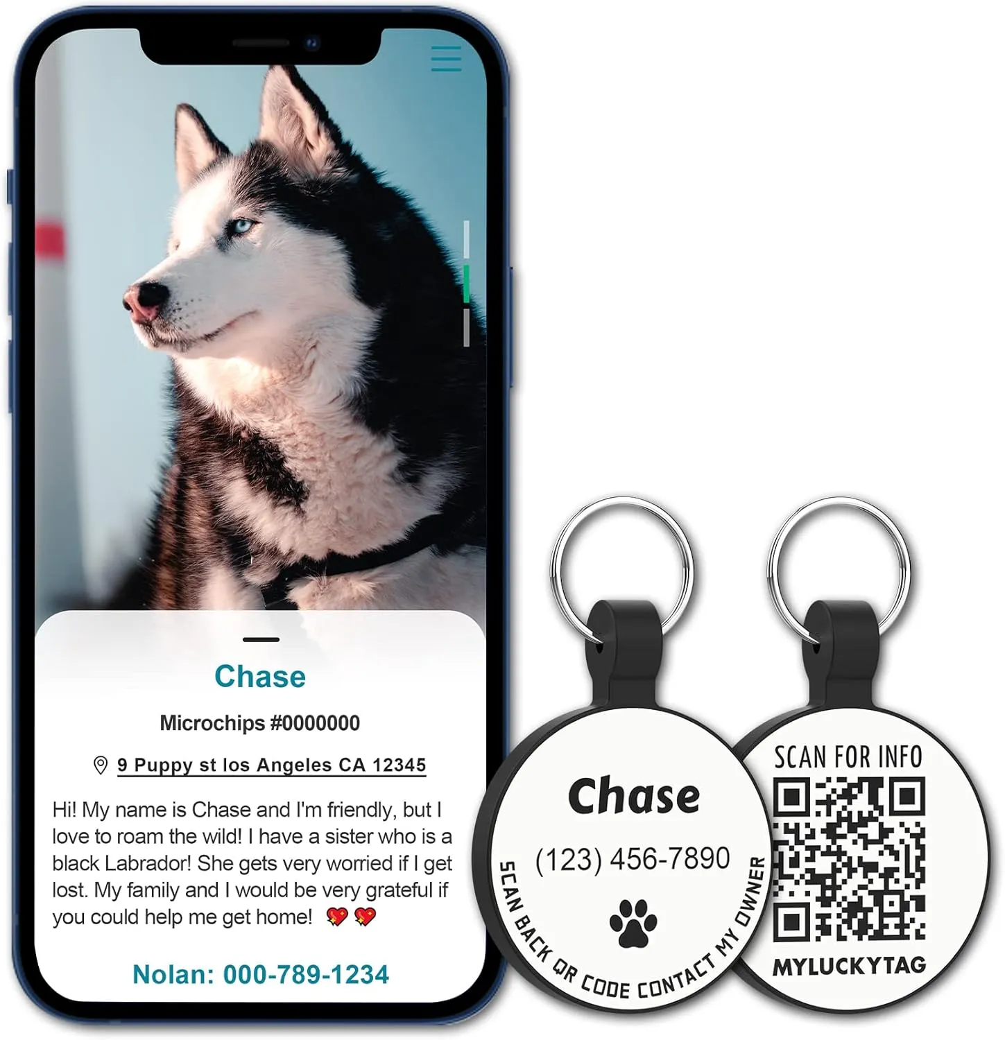 MYLUCKYTAG Personalized Pet ID Tags Dog Tags - Silent Silicone QR Code ID Tags - Pet Online Profile - Send Pet Location Alert Email When Scanning, Custom Text Pro,white