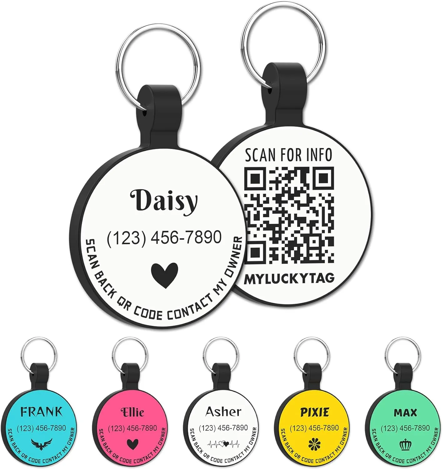 MYLUCKYTAG Personalized Pet ID Tags Dog Tags - Silent Silicone QR Code ID Tags - Pet Online Profile - Send Pet Location Alert Email When Scanning, Custom Text Pro,white