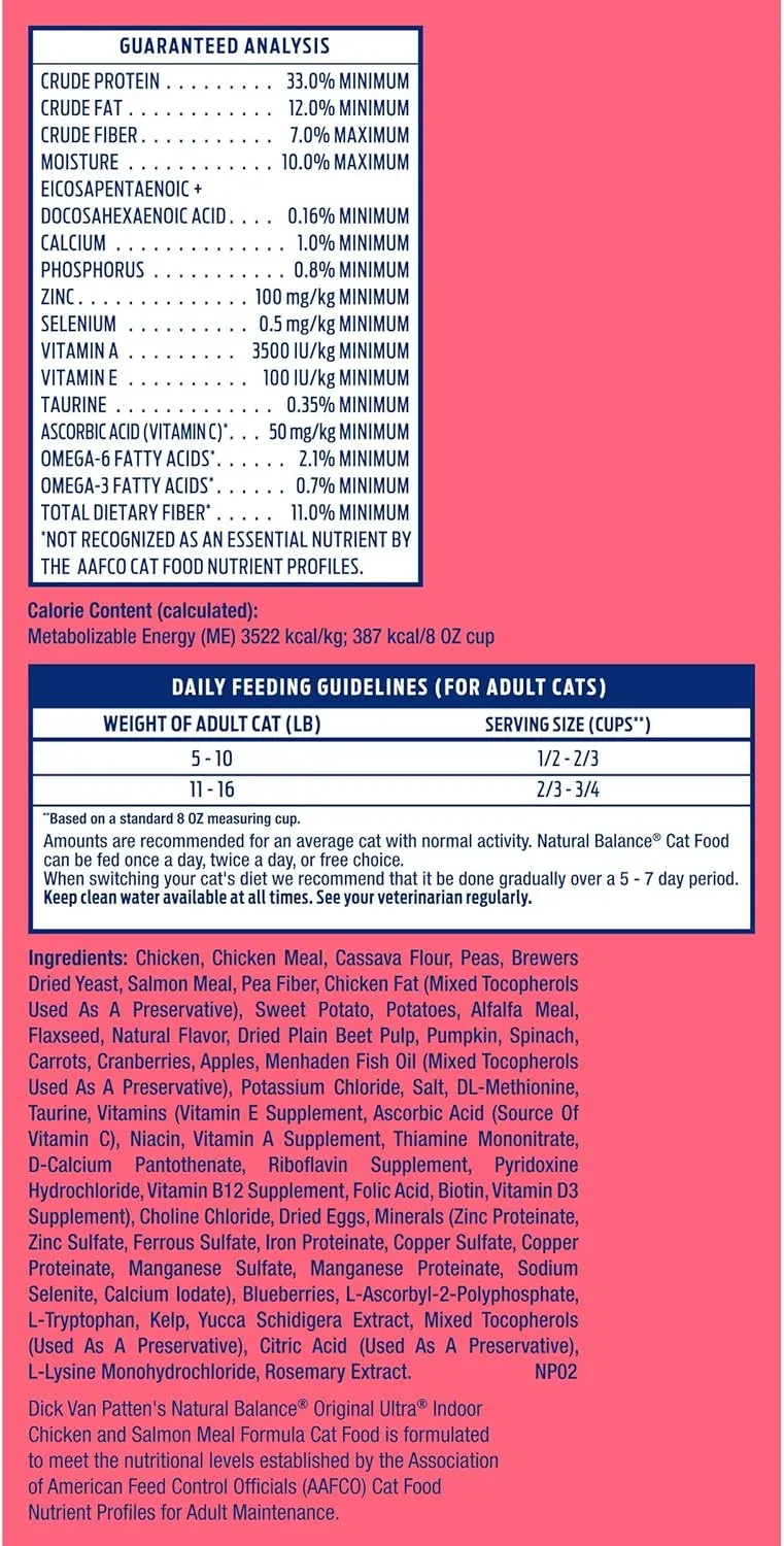 Natural Balance Original Ultra Indoor Chicken & Salmon Meal Cat Food | Dry Food for Indoor Adult Cats | 15-lb. Bag